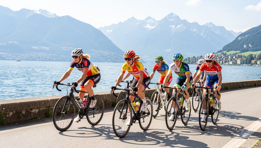 Peloton de cyclistes femmes roulant ensemble sur les quais de Lausanne, avec le lac Léman et les Alpes en arrière-plan sous une lumière estivale.