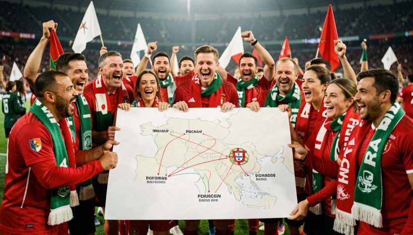 Supporters et supportrices de football réunis autour d’une carte reliant le Maroc, le Portugal et l’Espagne dans une ambiance festive de Coupe du monde.
