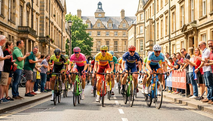 Peloton de cyclistes professionnels traversant une rue d’Édimbourg, entouré de supporters, avec une architecture écossaise en pierre sous une lumière estivale.