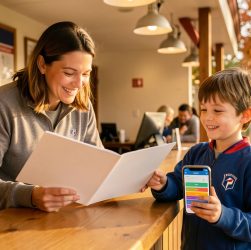 Une mère et son jeune fils consultent un dossier d’inscription et un smartphone à l’accueil chaleureux d’un club sportif.