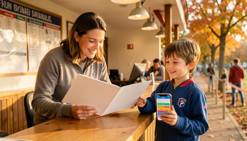 Une mère et son jeune fils consultent un dossier d’inscription et un smartphone à l’accueil chaleureux d’un club sportif.