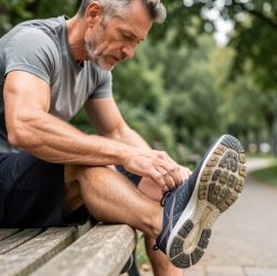 Coureur amateur examinant la semelle usée de sa chaussure de running assis sur un banc de parc, sous une lumière naturelle.