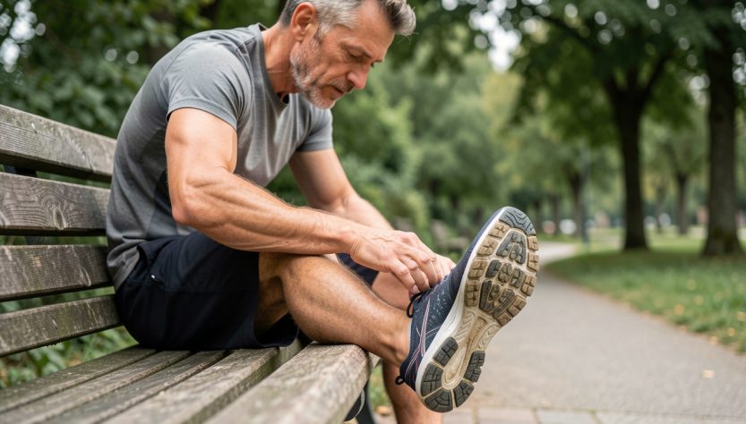 Coureur amateur examinant la semelle usée de sa chaussure de running assis sur un banc de parc, sous une lumière naturelle.