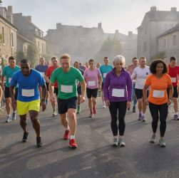 Départ matinal d’une course populaire dans un village français, avec des coureurs amateurs portant des dossards vierges, des bénévoles et des barrières de sécurité.
