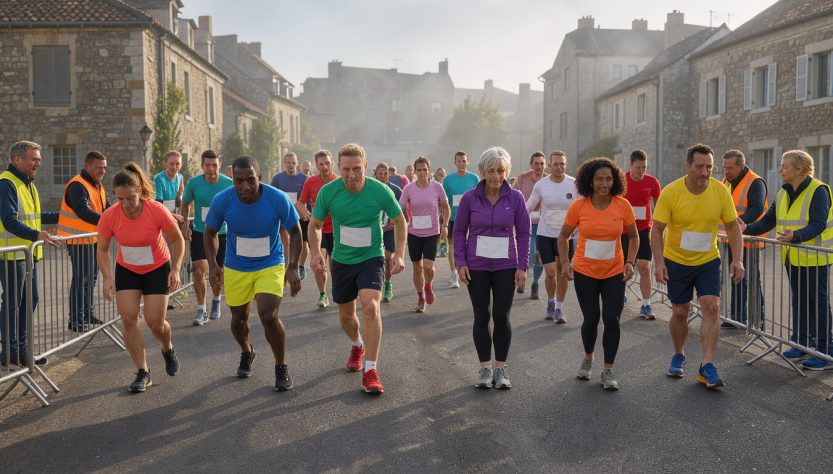 Départ matinal d’une course populaire dans un village français, avec des coureurs amateurs portant des dossards vierges, des bénévoles et des barrières de sécurité.