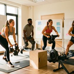 Groupe mixte d’adultes en tenue de sport réalisant ensemble un circuit de cross-training dans une salle de fitness lumineuse, avec des panneaux vierges évoquant une collecte solidaire en arrière-plan.