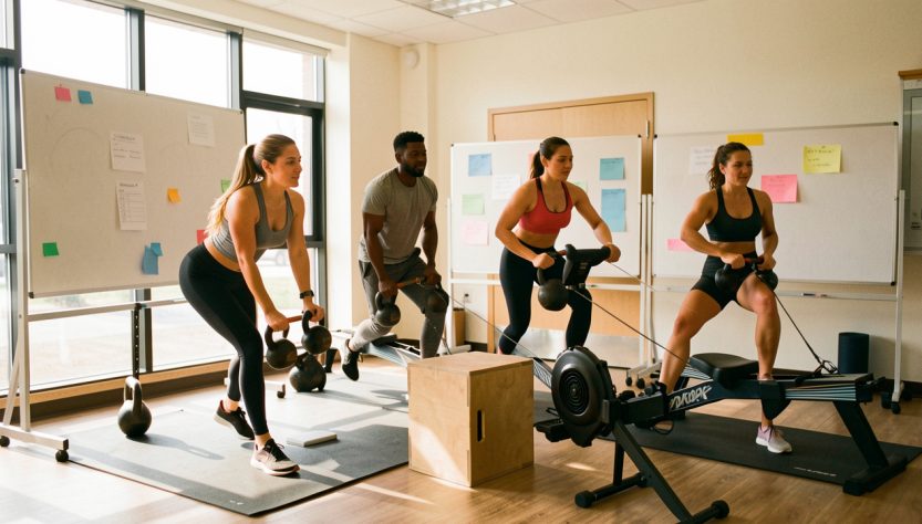 Groupe mixte d’adultes en tenue de sport réalisant ensemble un circuit de cross-training dans une salle de fitness lumineuse, avec des panneaux vierges évoquant une collecte solidaire en arrière-plan.