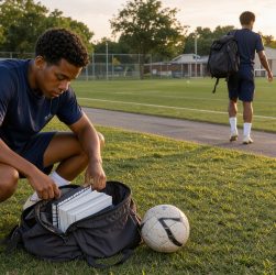 Un adolescent en tenue de football prépare son sac avec des cahiers et un ballon près d’un terrain scolaire, illustrant l’équilibre entre études et entraînement.