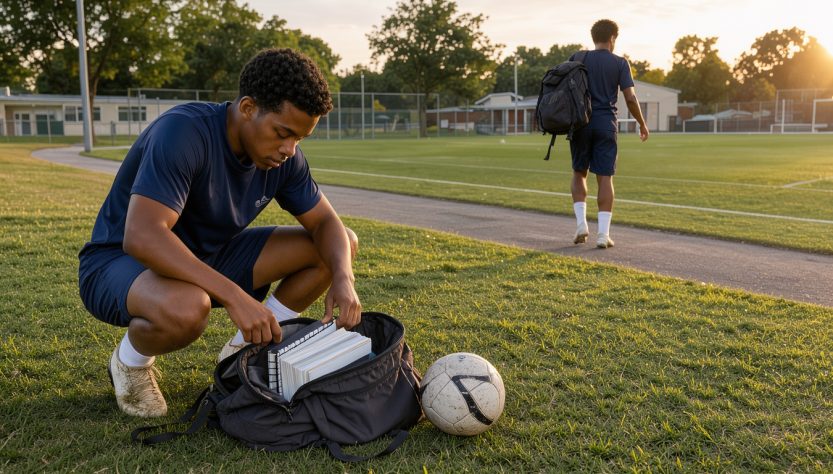 Un adolescent en tenue de football prépare son sac avec des cahiers et un ballon près d’un terrain scolaire, illustrant l’équilibre entre études et entraînement.