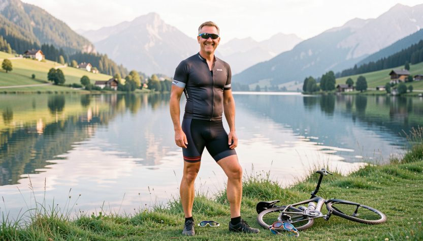 Triathlète amateur souriant au bord d’un lac, avec un vélo de route et des lunettes de natation posés dans l’herbe.